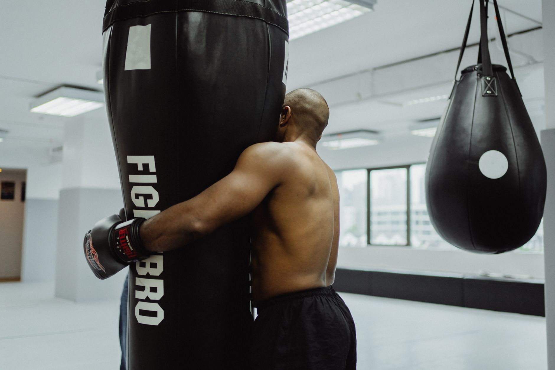 Boxer training on a heavy bag