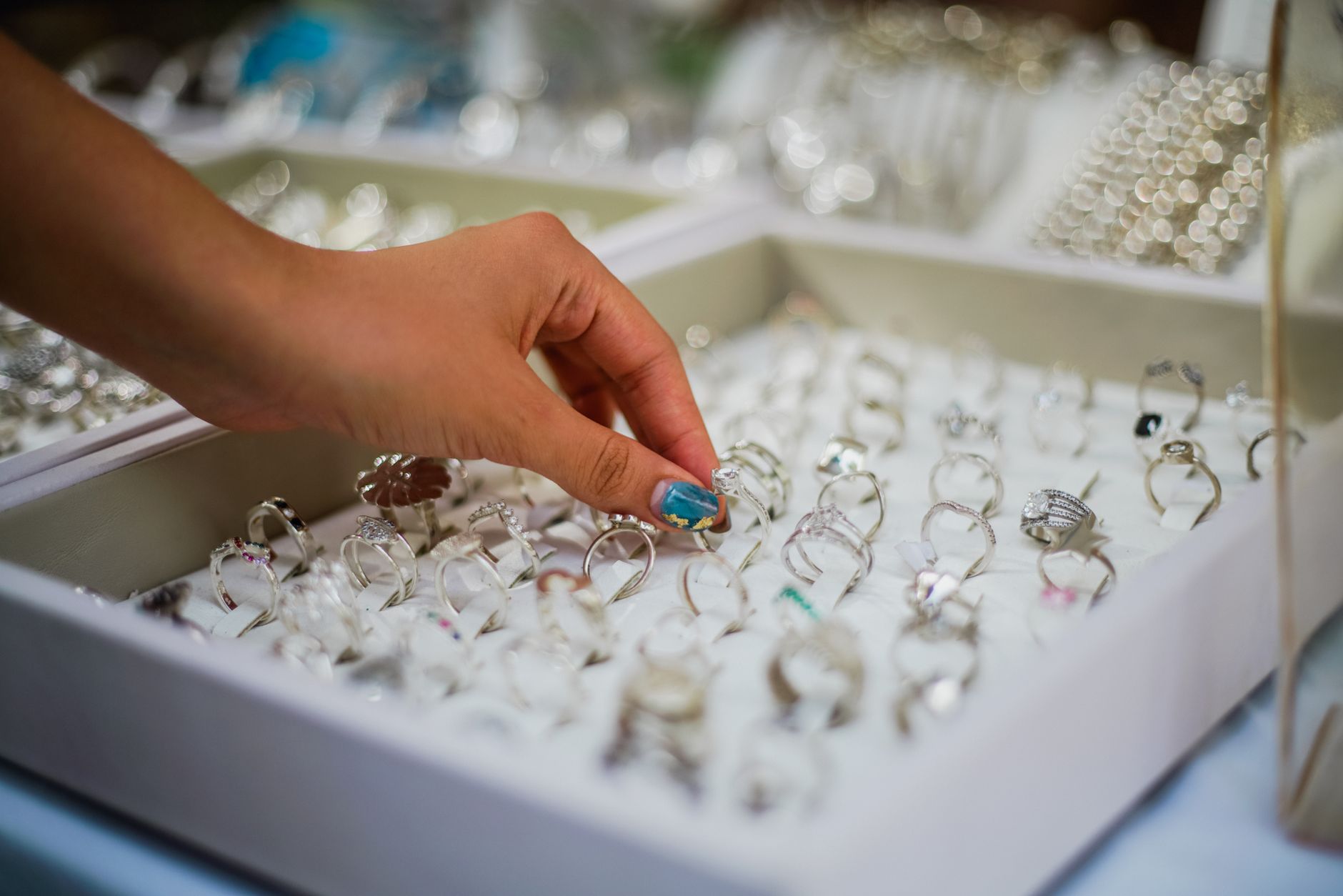 Rings in a jewelry store display case