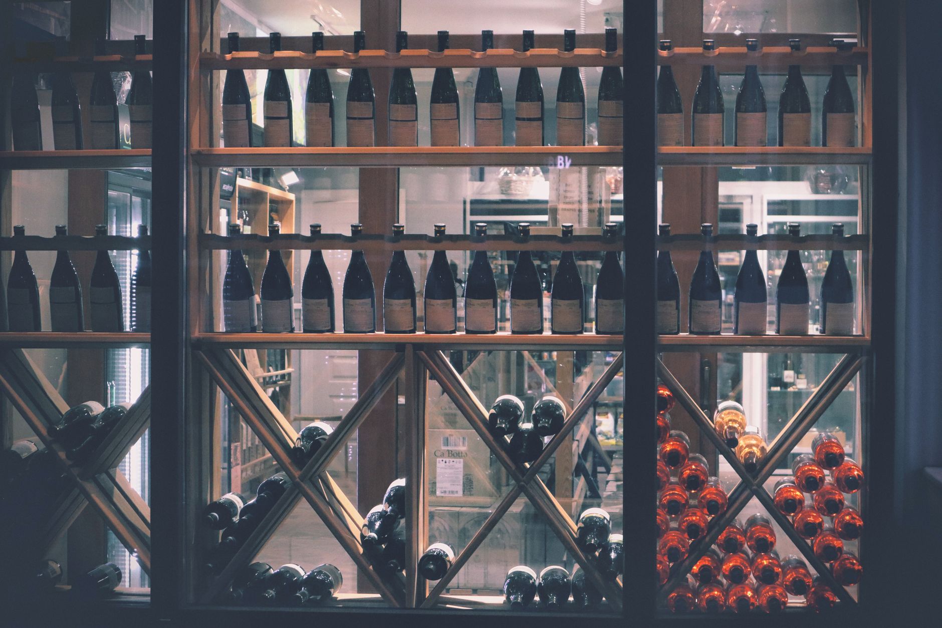 Wine bottles on liquor store shelves