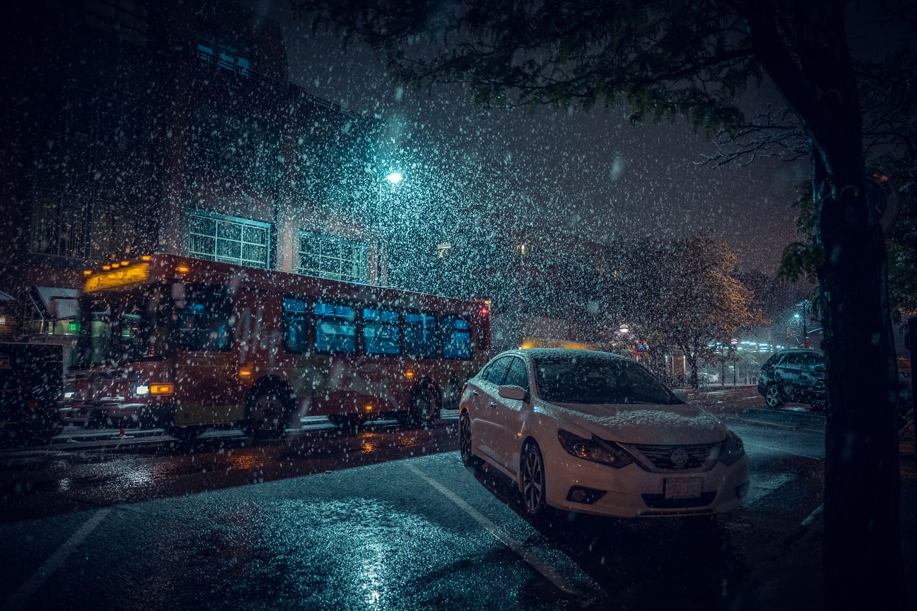 Snowy night street scene in Boulder, Colorado