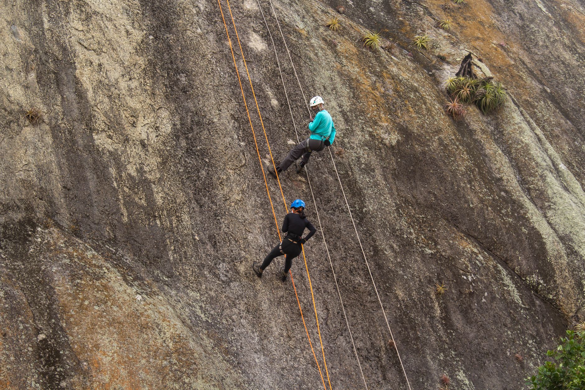 Two climbers on a granite cliff with ropes
