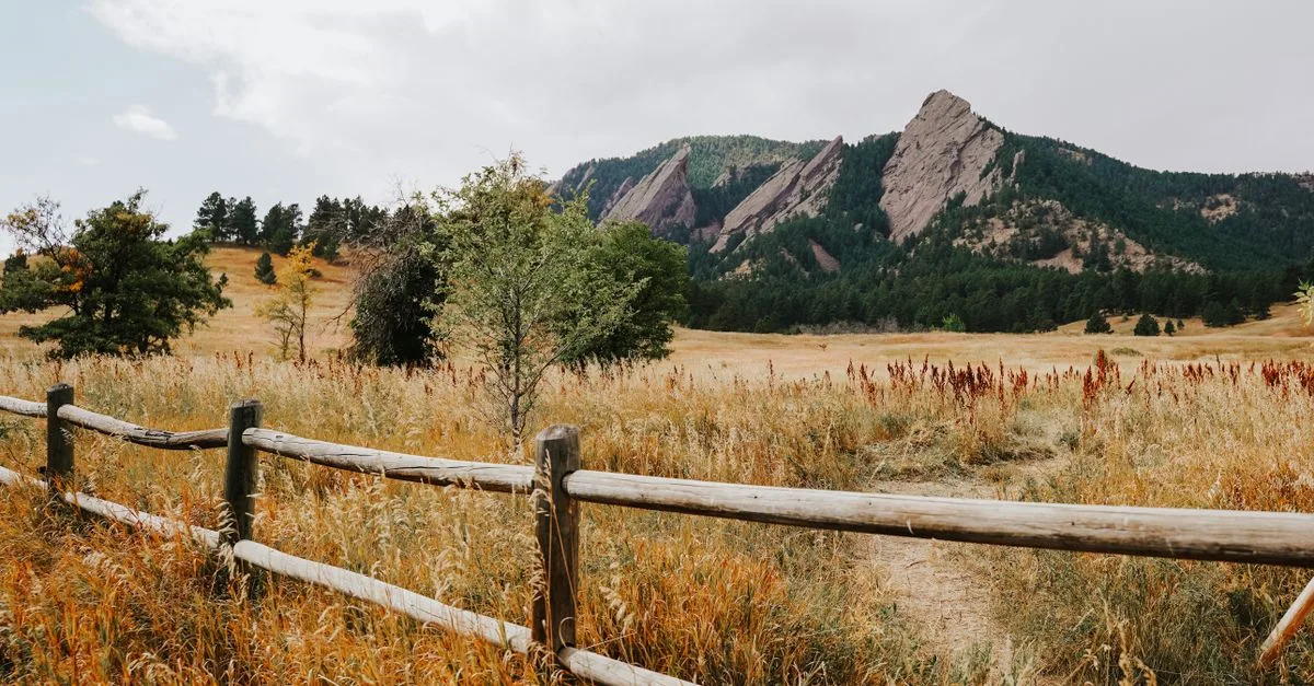 A split-rail fence lines a meadow trail leading toward the Flatirons.