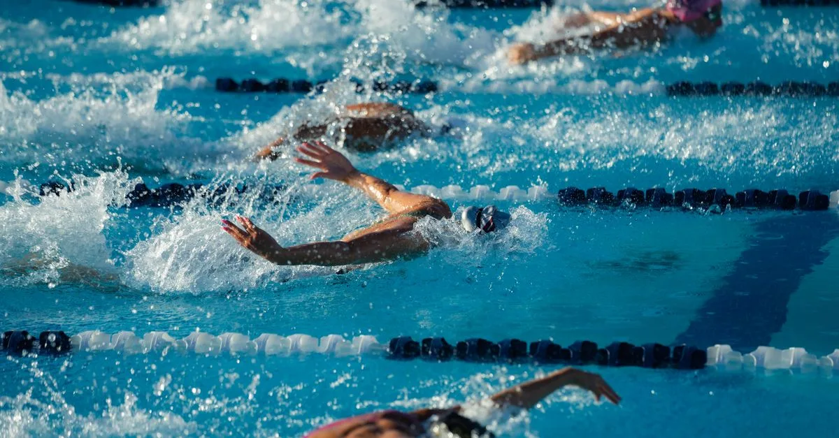 Swimmers mid-stroke in an outdoor lap pool on a sunny day