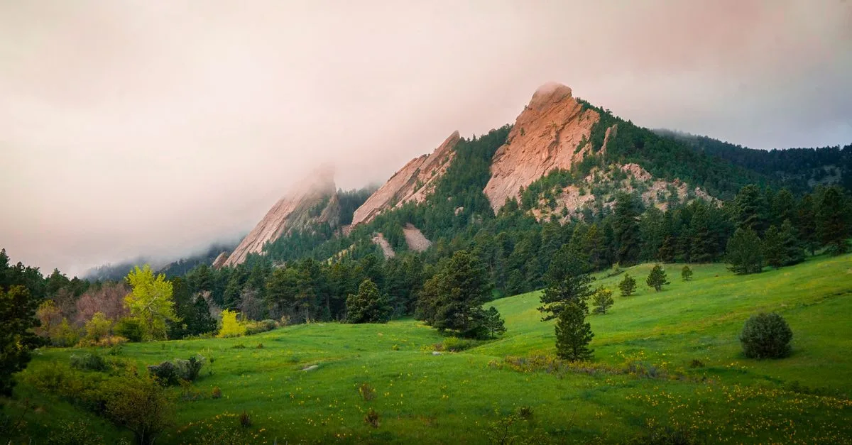 Misty morning light on the Flatirons above a green meadow