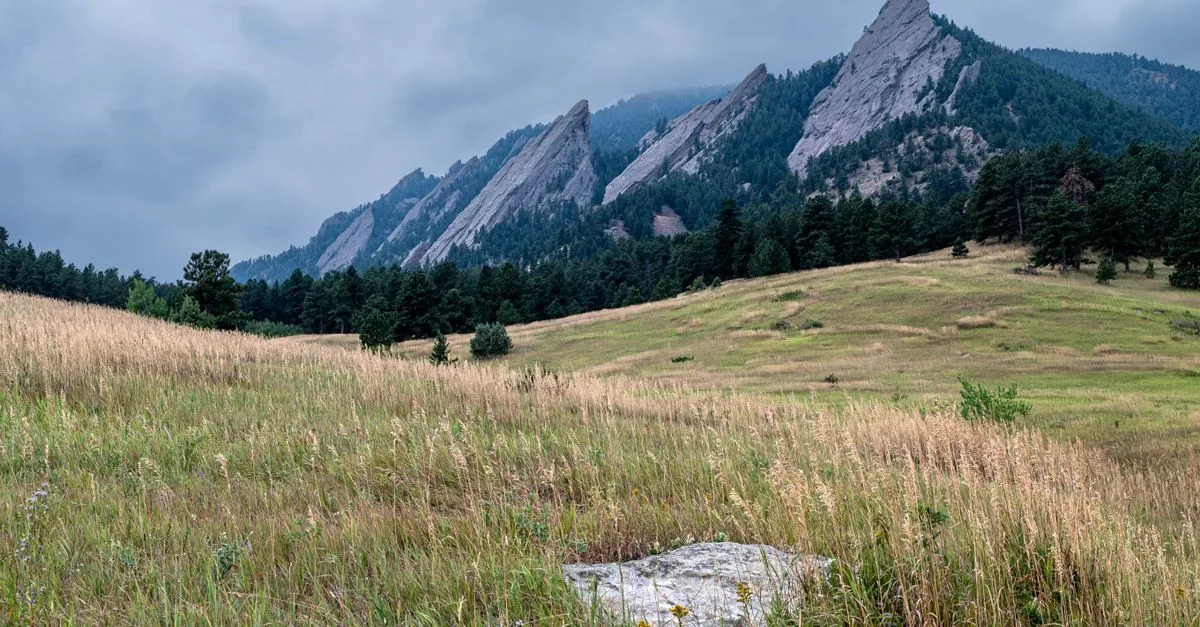 Grassy meadow leading to the Flatirons near Chautauqua, a short walk from University Hill