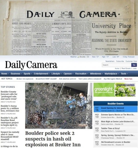 A photo showing a very old copy of the Daily Camera next to a shot of the current online version of the Daily Camera.